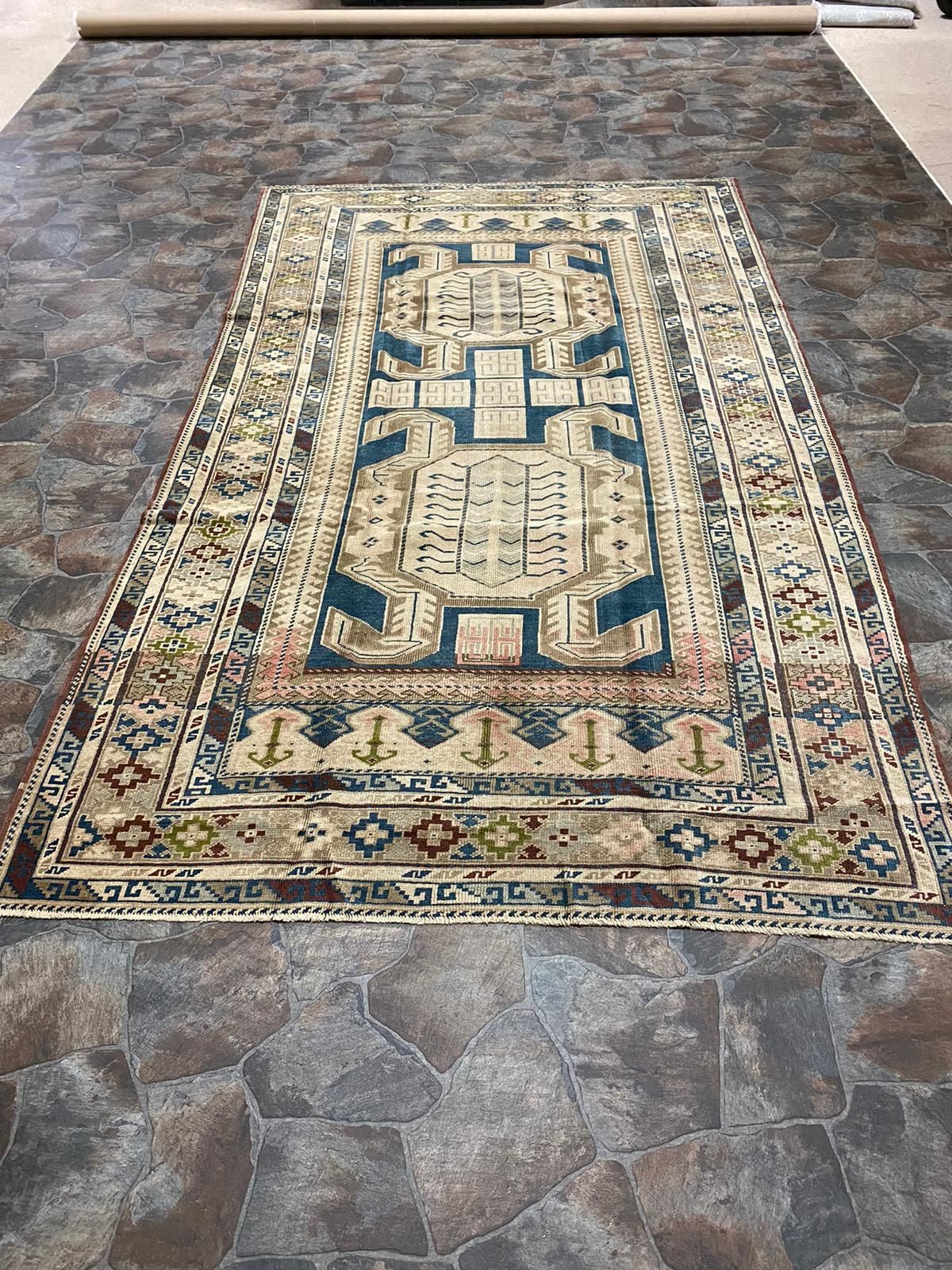 6x10 Beige and Navy Turkish Tribal Rug