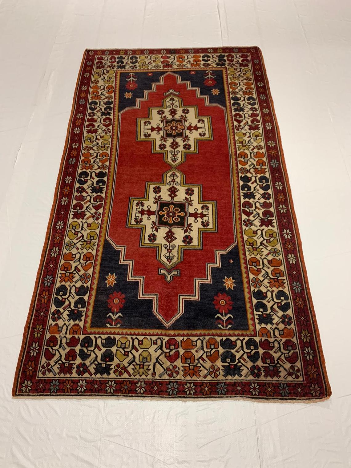 4x7 Red and Ivory Turkish Tribal Rug