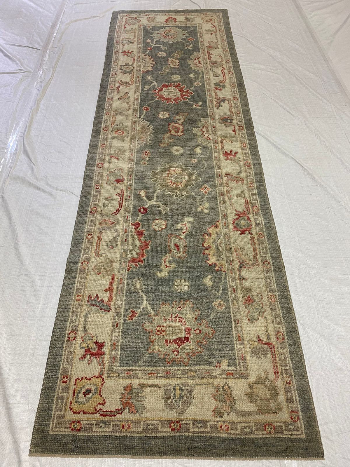 3x10 Gray and Off White Turkish Oushak Runner