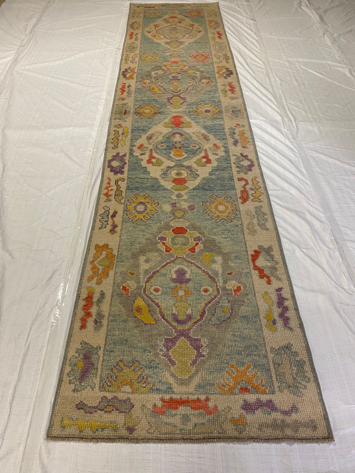 3x13 Blue and Ivory Turkish Oushak Runner