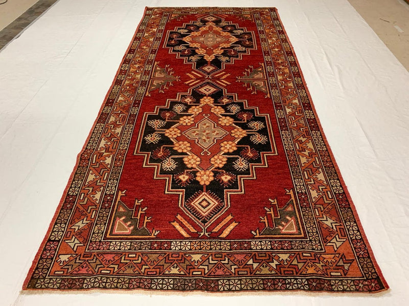 Vintage Handmade 5x11 Red and Gold Anatolian Turkish Tribal Distressed Area Runner