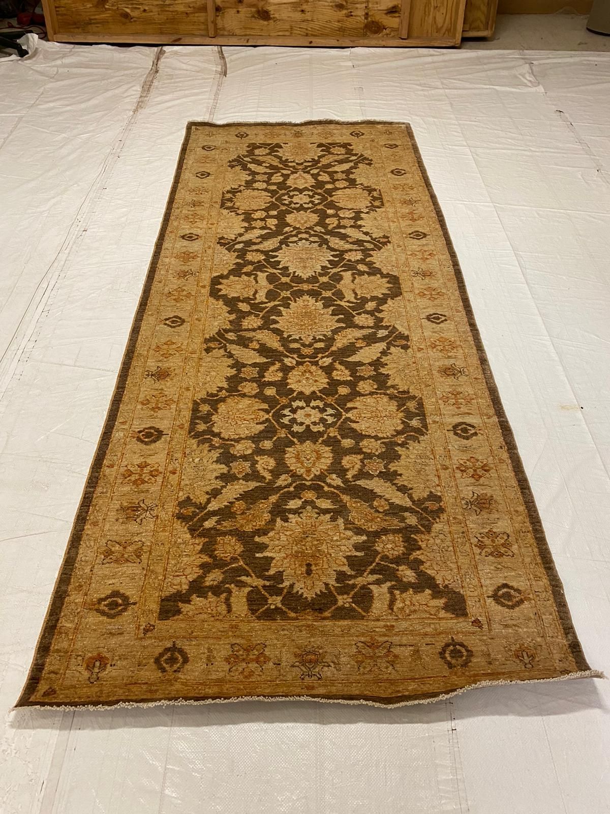 4x10 Brown and Ivory Turkish Oushak Runner