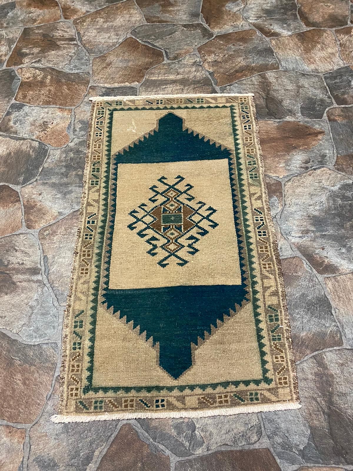 2x3 Ivory and Blue Turkish Tribal Rug