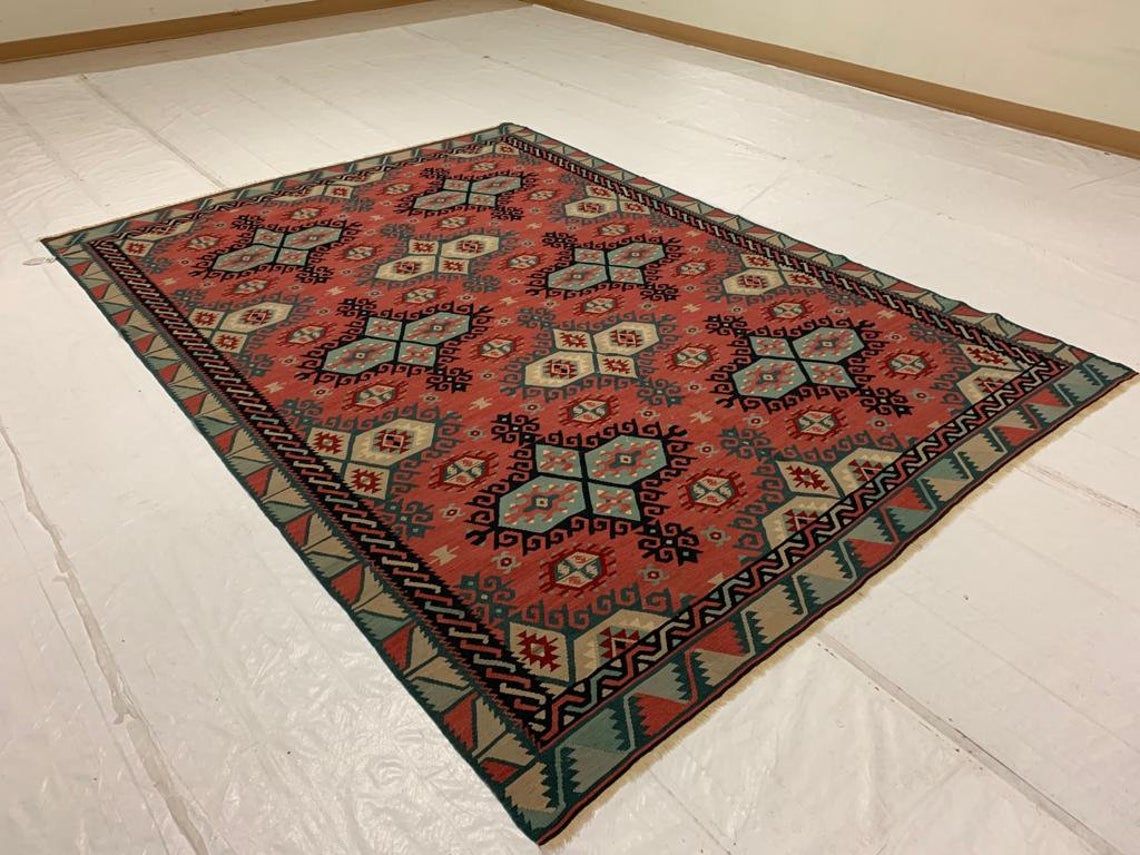 7x9 Rust and Blue Turkish Tribal Rug
