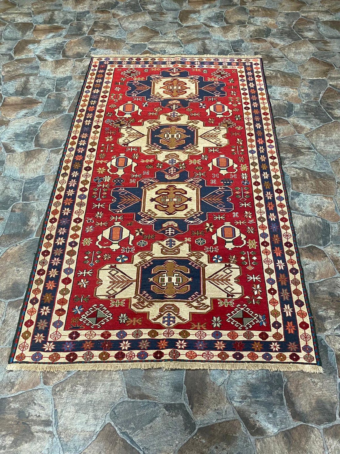 4x7 Red and Navy Turkish Patchwork Rug