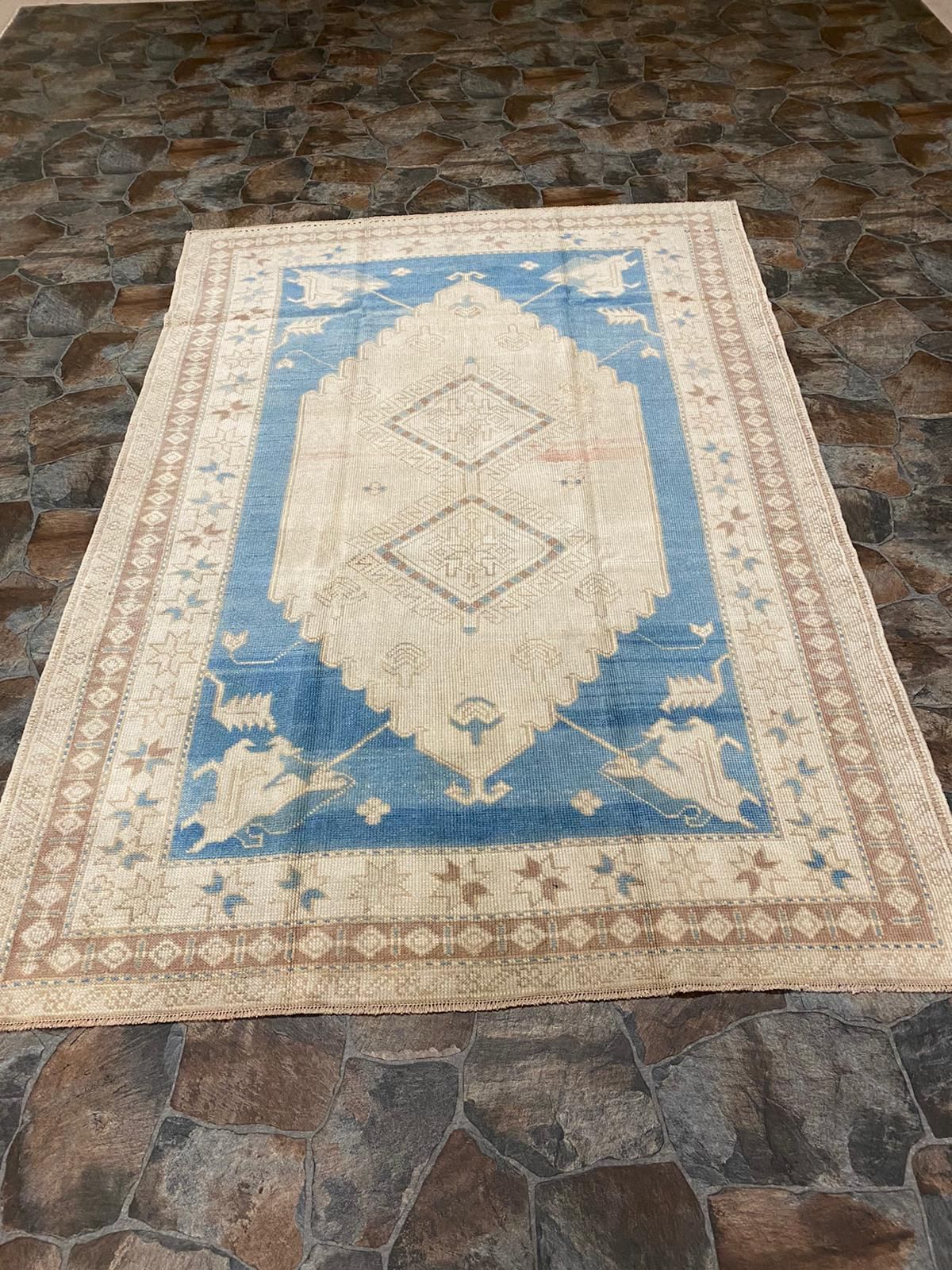 Vintage Handmade 5x8 Blue and Beige Anatolian Turkish Tribal Distressed Area Rug