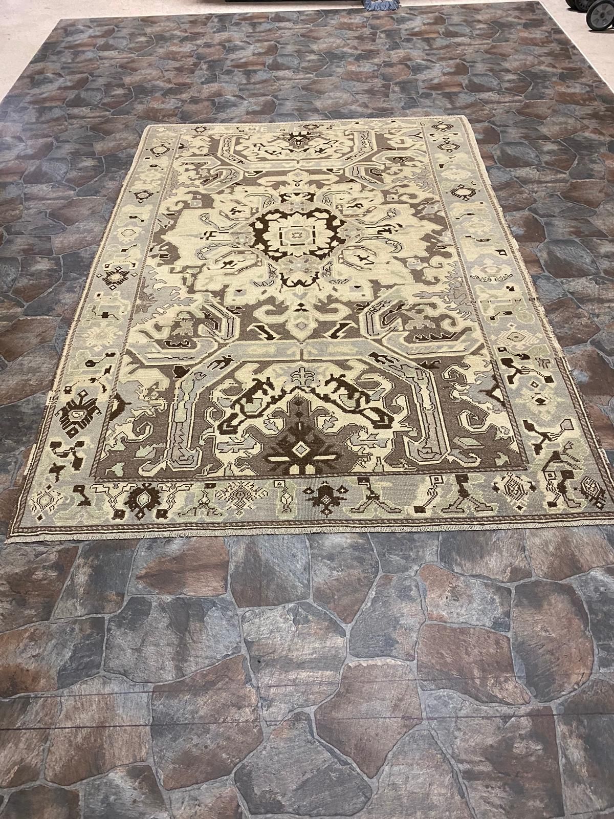 6x9 Ivory and Purple Turkish Tribal Rug