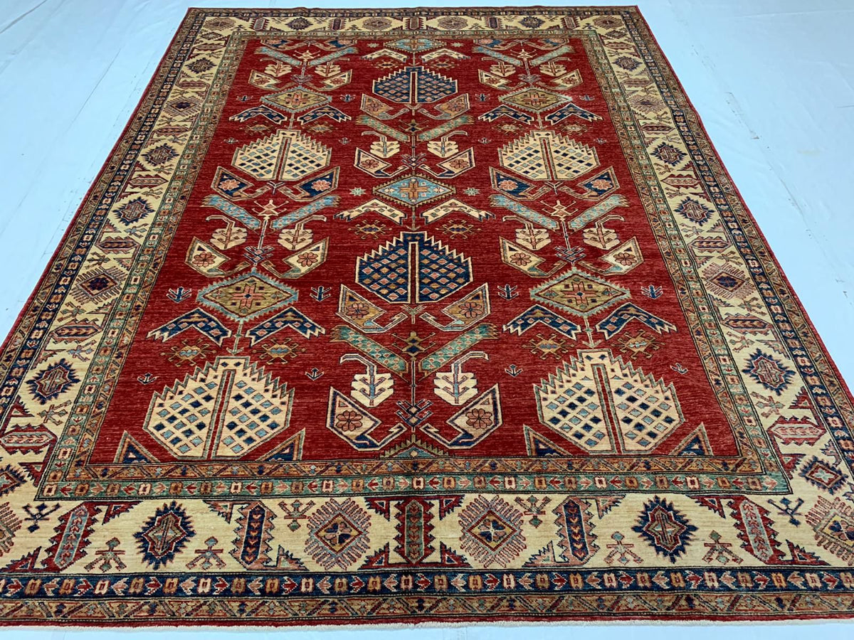 8x10 Red and Ivory Kazak Tribal Rug