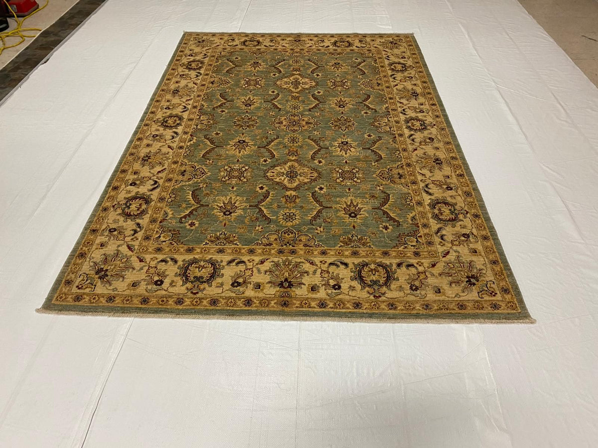 6x8 Blue and Ivory Turkish Oushak Rug