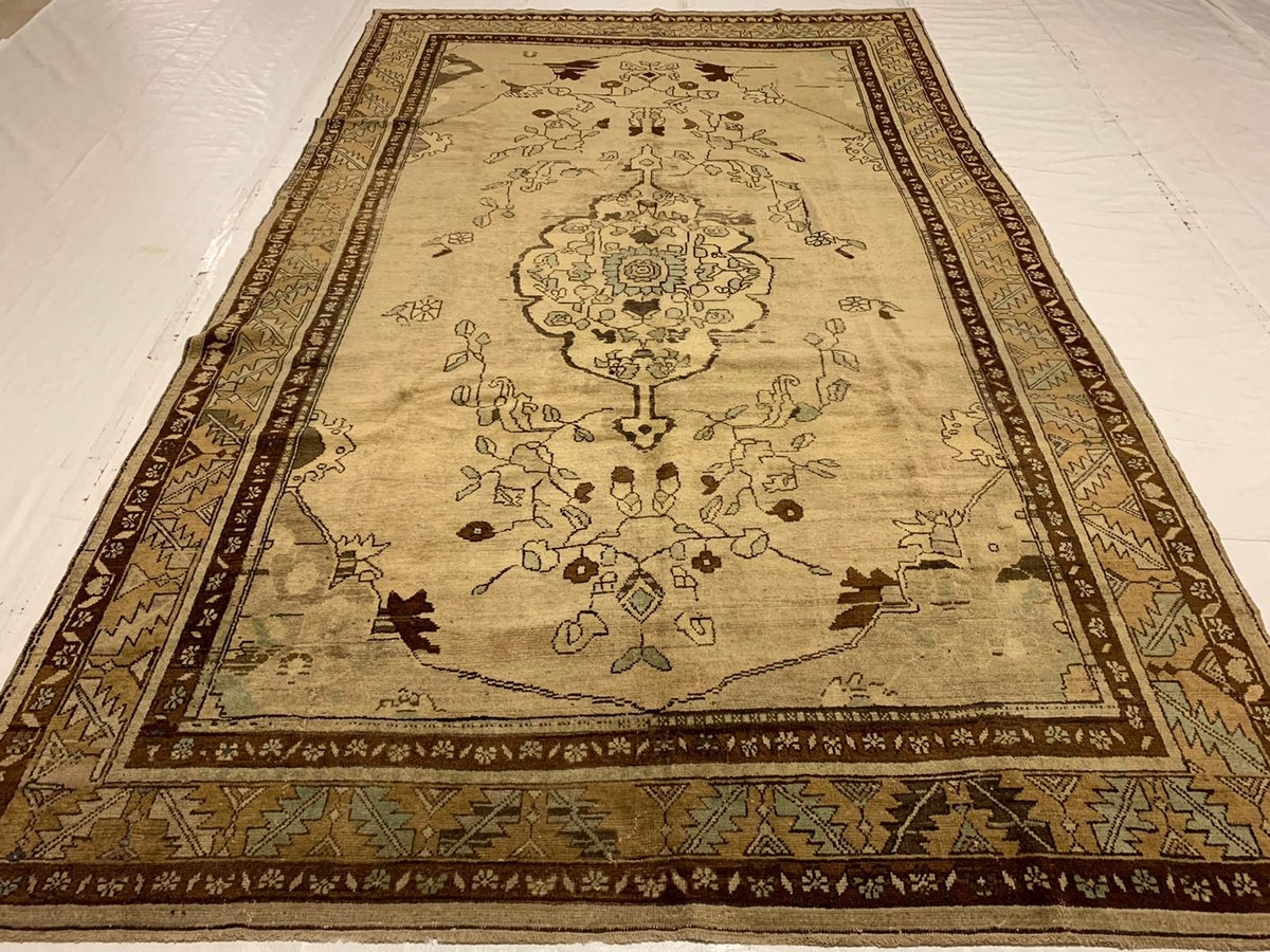 7x11 Beige and Ivory Turkish Tribal Rug