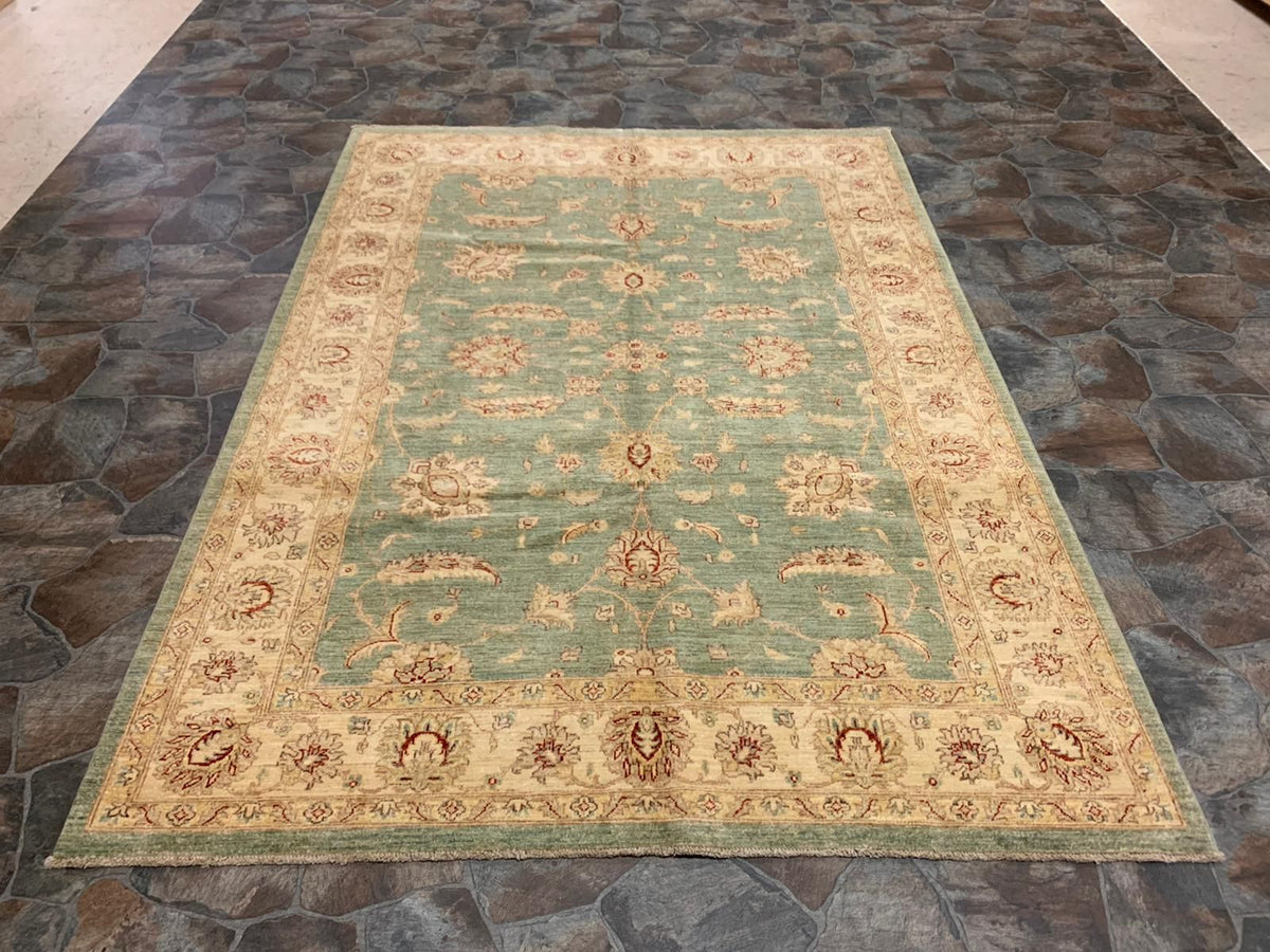 6x8 Green and Ivory Turkish Oushak Rug