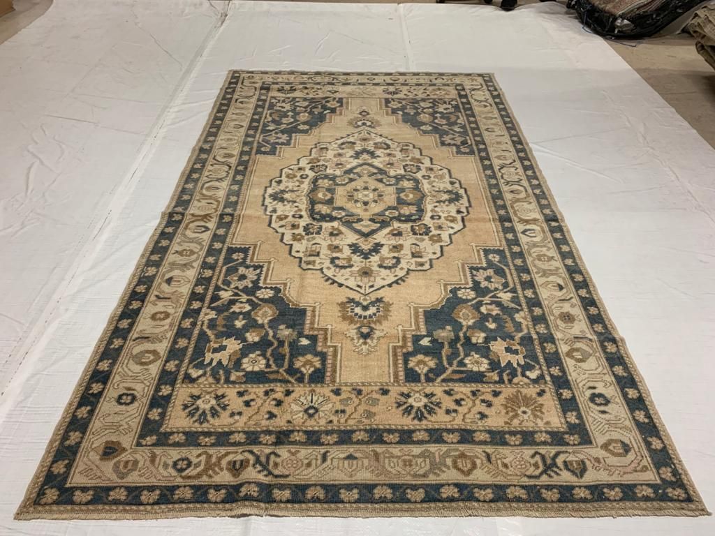 5x9 Blue and Beige Turkish Tribal Rug