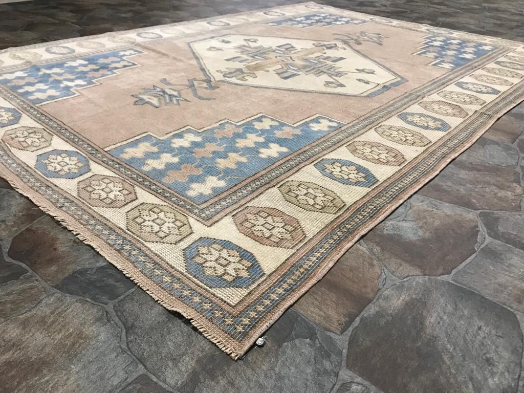 6x8 Beige and Blue Turkish Tribal Rug