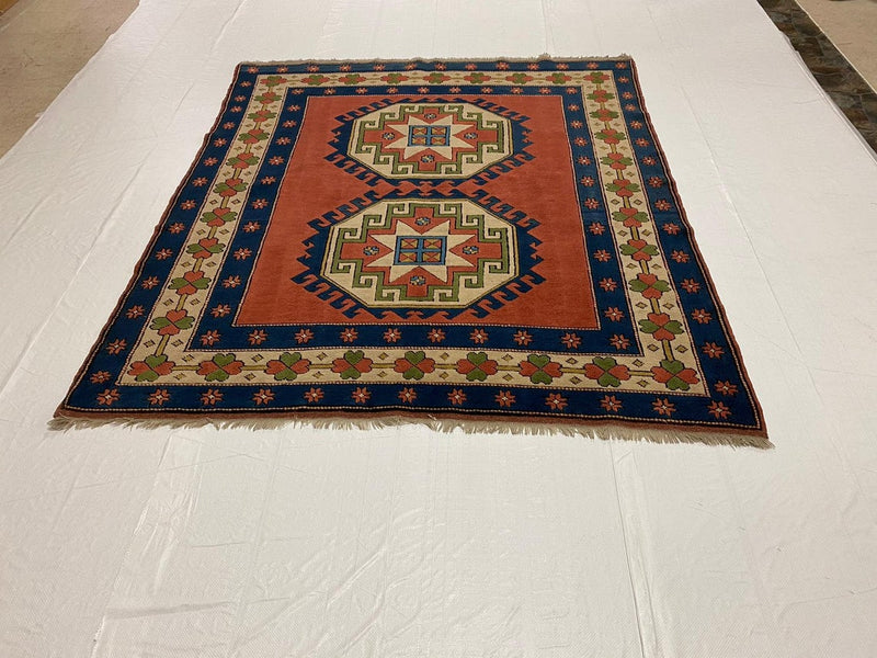 6x7 Red and Blue Turkish Tribal Rug