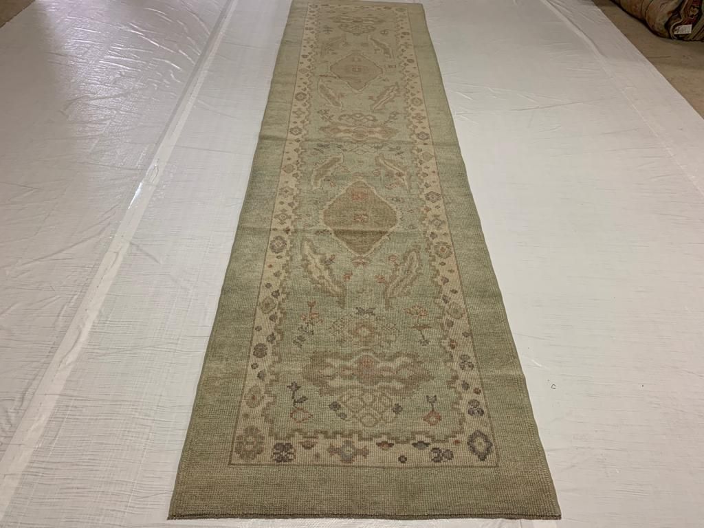 3x12 Light Blue and Beige Turkish Oushak Runner