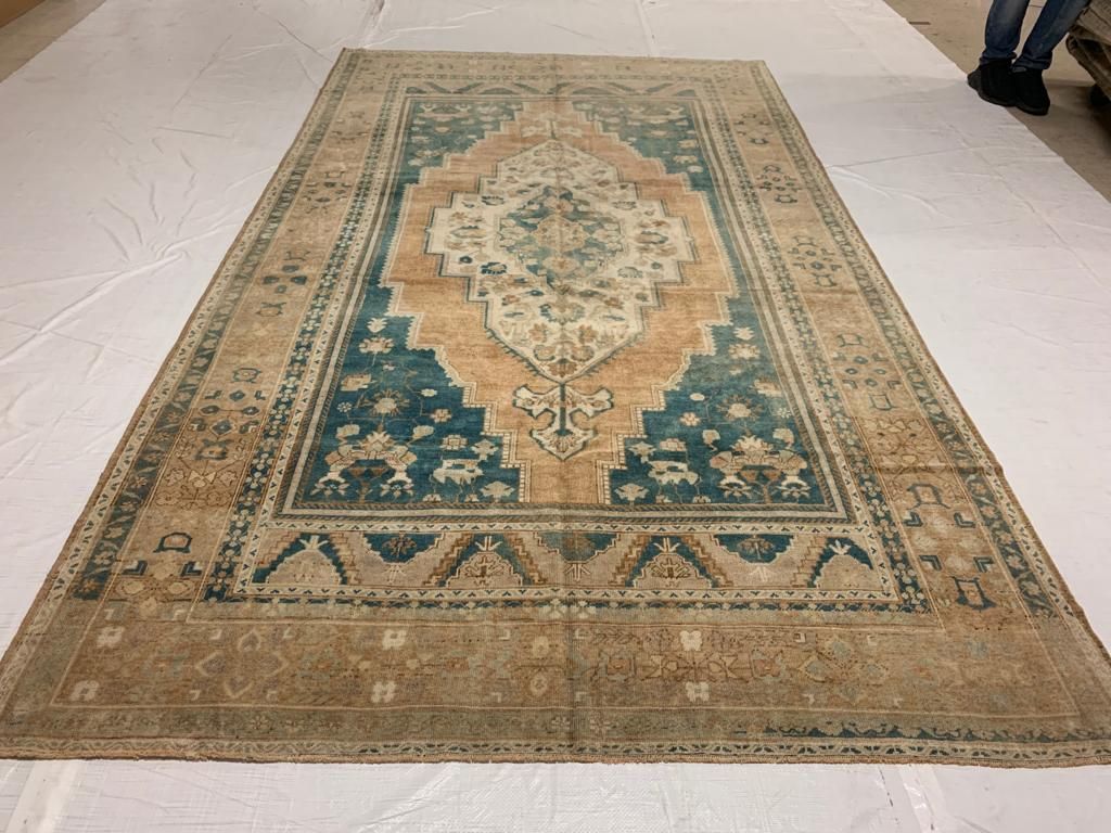 6x11 Peach and Light Blue Turkish Tribal Rug