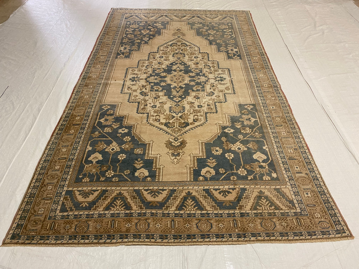 6x10 Beige and Blue Turkish Tribal Rug