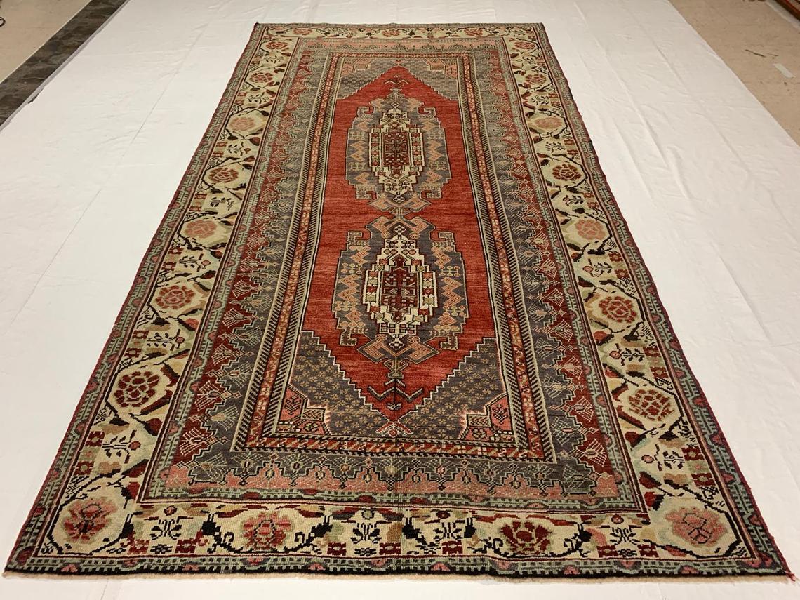 6x11 Beige and Red Turkish Tribal Rug