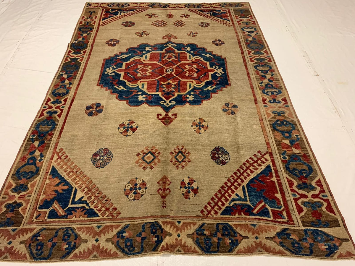 6x8 Ivory and Navy Kazak Tribal Rug