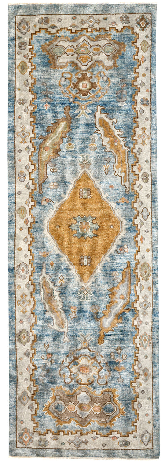 3x7 Blue and Ivory Turkish Oushak Runner