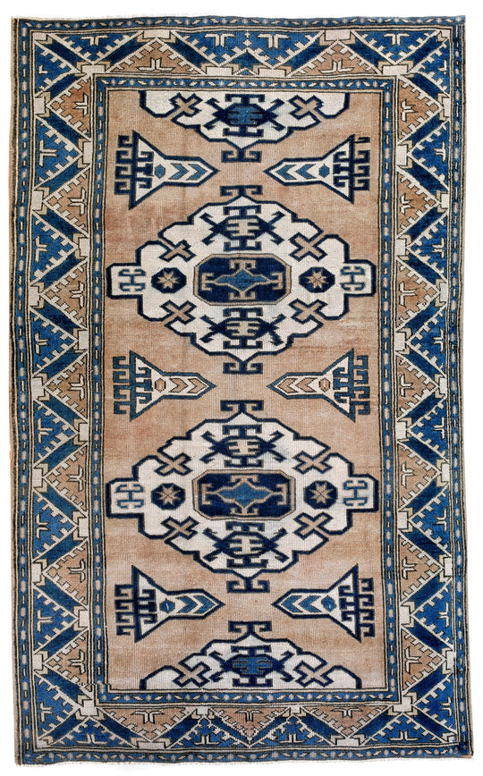 5x8 Blue and Beige Turkish Tribal Rug