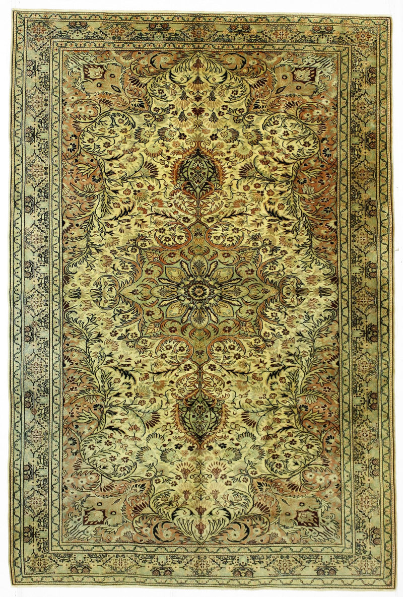7x10 Ivory and Green Turkish Traditional Rug