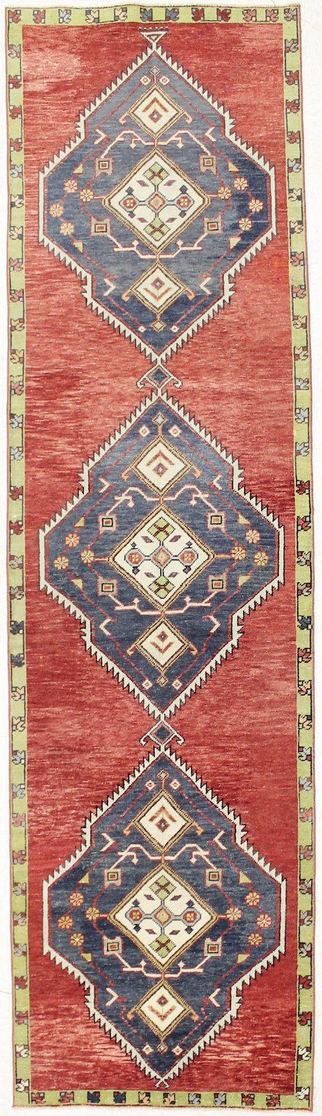 Vintage Handmade 3x12 Navy and Red Anatolian Turkish Tribal Distressed Area Runner