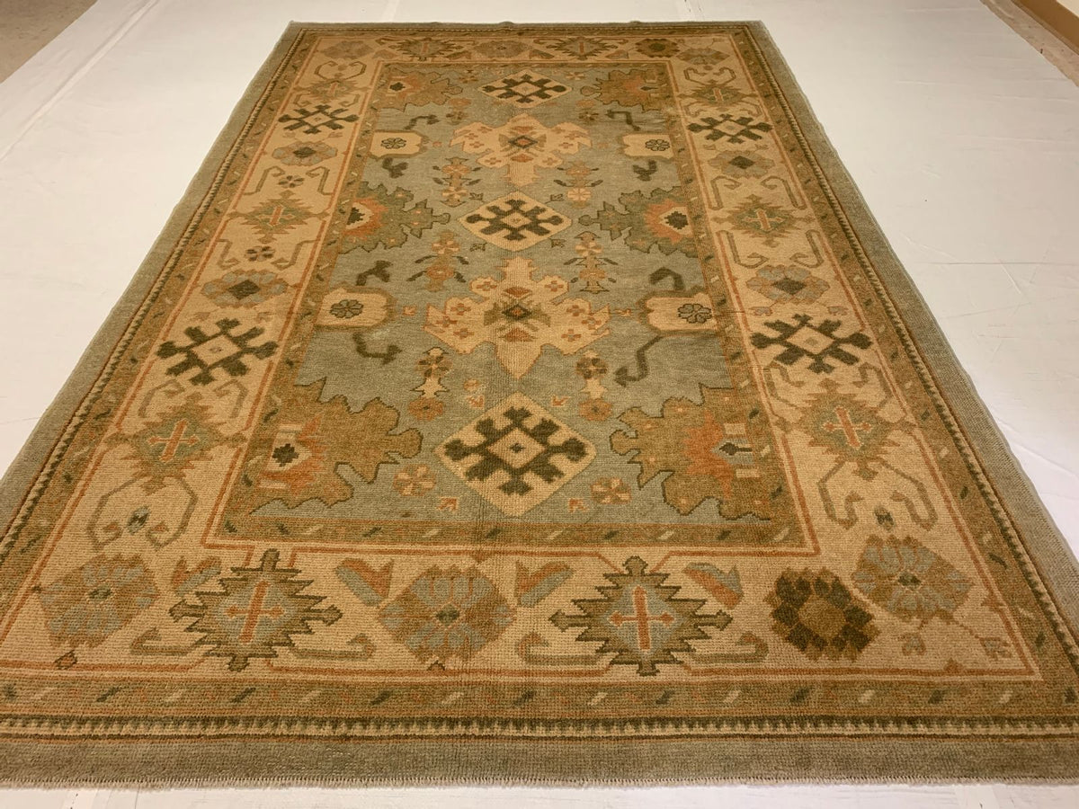 7x11 Blue and Ivory Turkish Oushak Rug