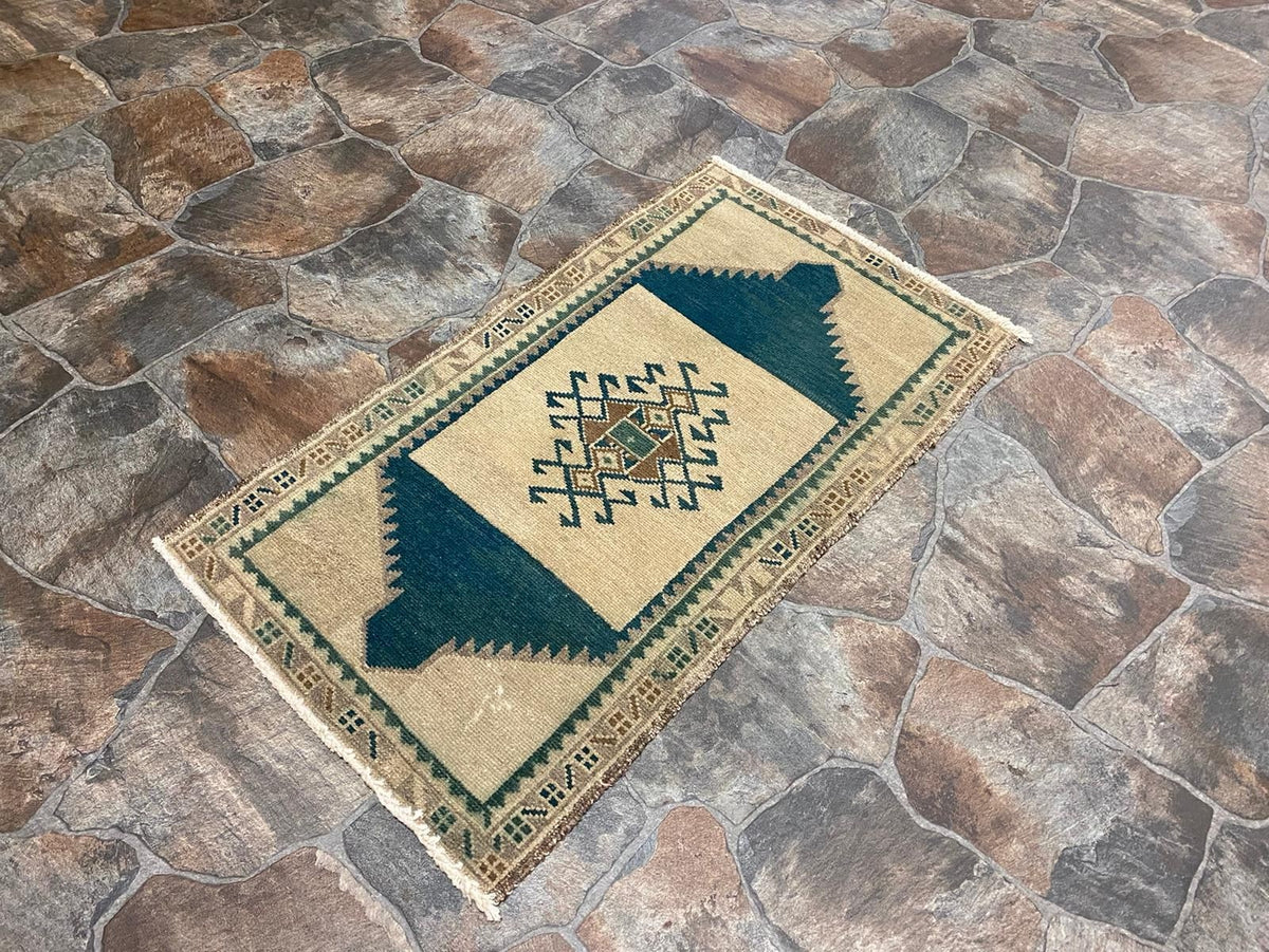 2x3 Ivory and Blue Turkish Tribal Rug
