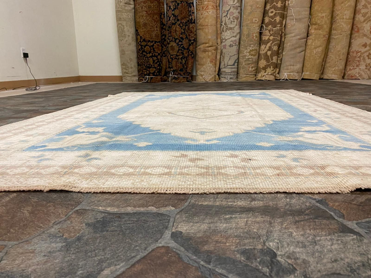 Vintage Handmade 5x8 Blue and Beige Anatolian Turkish Tribal Distressed Area Rug