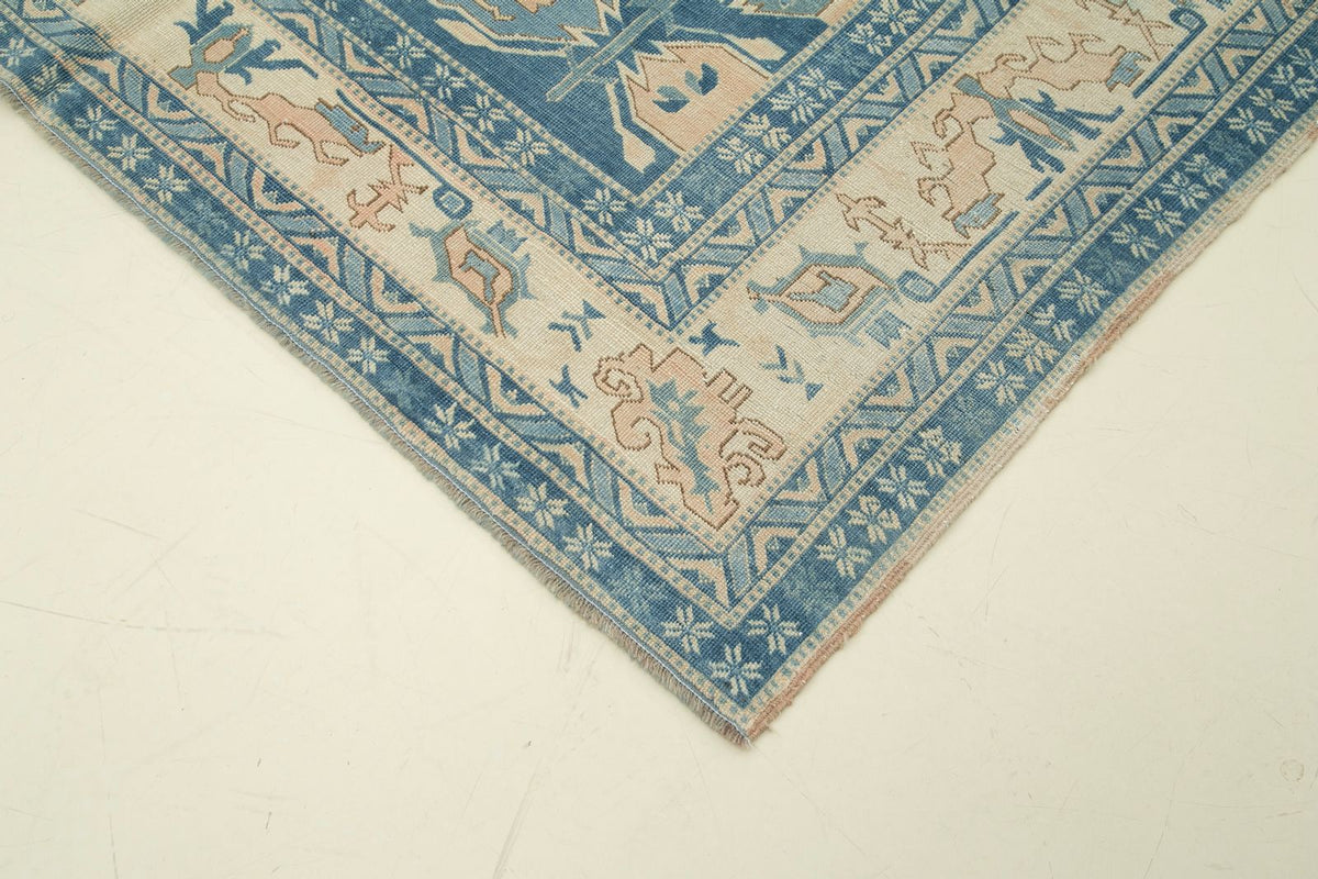 6x6 Blue and Ivory Turkish Tribal Rug