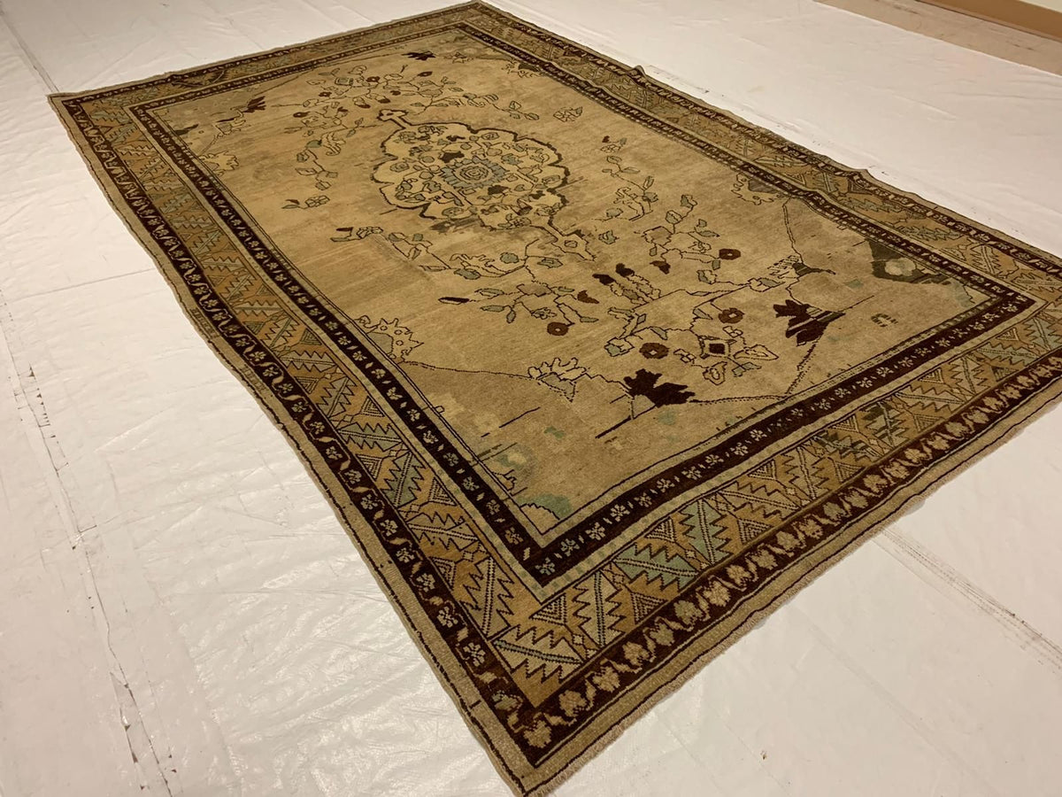 7x11 Beige and Ivory Turkish Tribal Rug