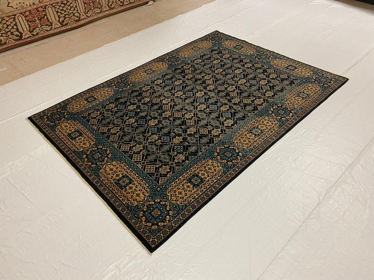 6x8 Black and Gold Turkish Tribal Rug