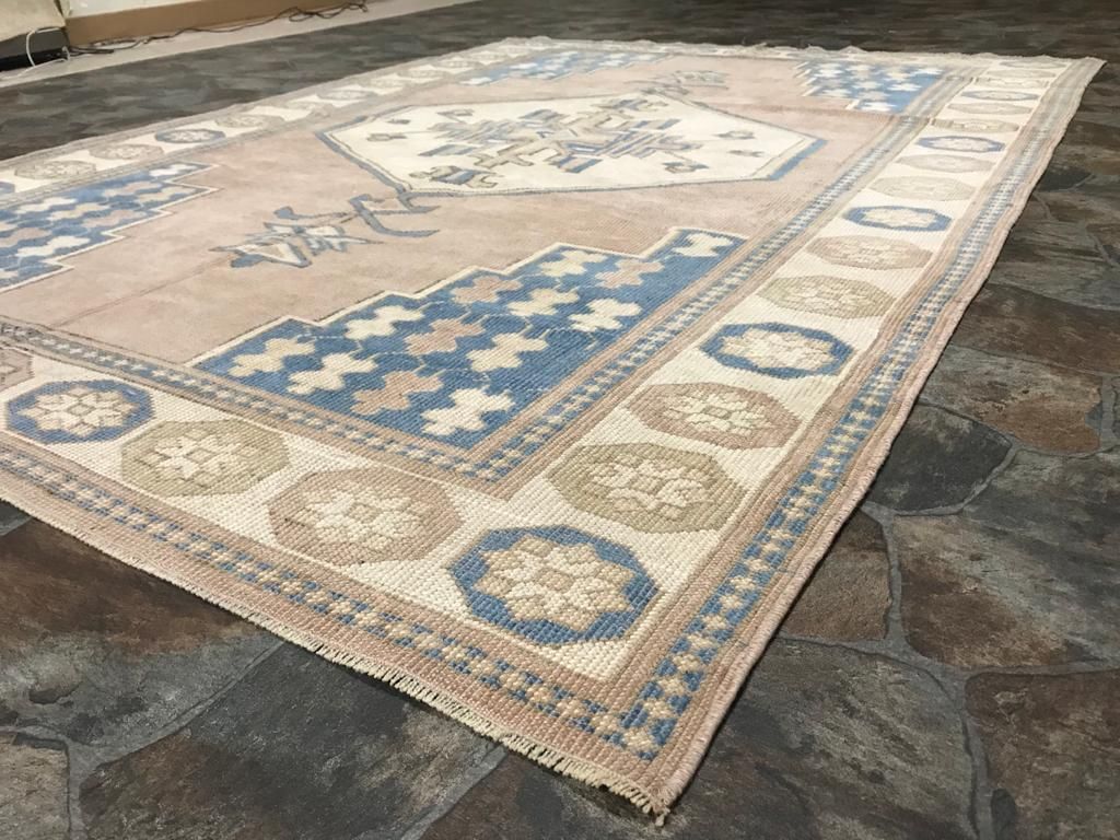 6x8 Beige and Blue Turkish Tribal Rug