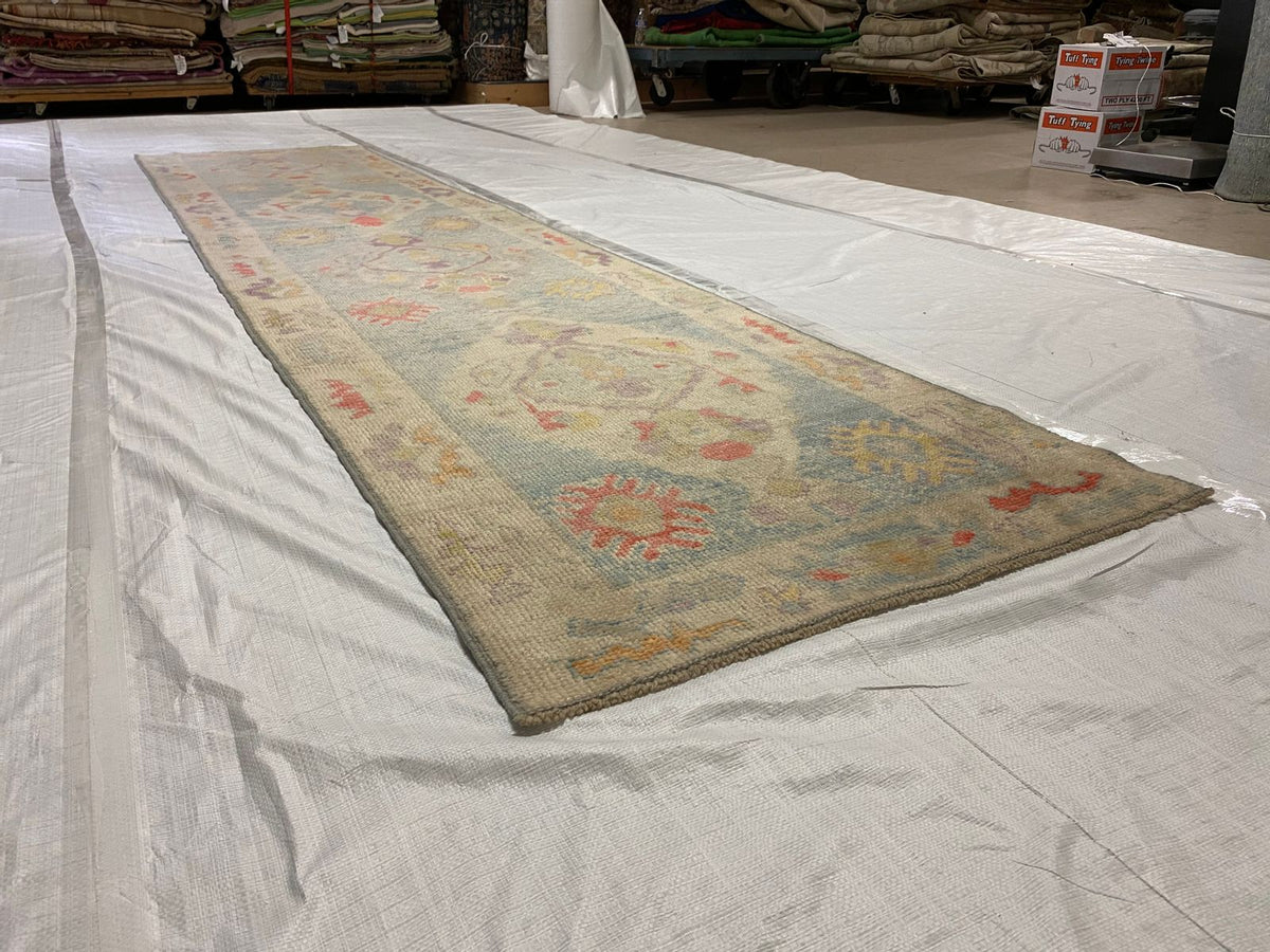 3x13 Blue and Ivory Turkish Oushak Runner