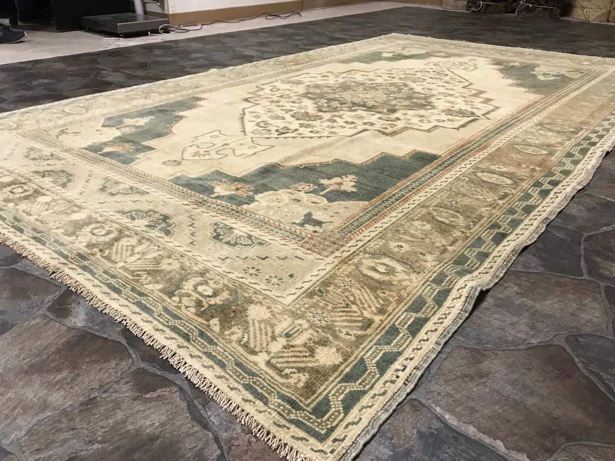 6x11 Green and Beige Turkish Tribal Rug