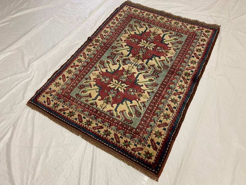 Vintage Handmade 4x5 Red and Ivory Anatolian Turkish Traditional Distressed Area Rug