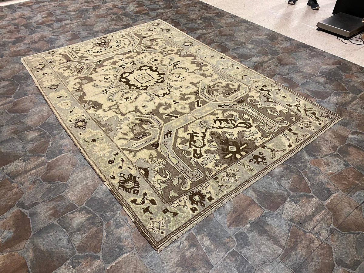 6x9 Ivory and Purple Turkish Tribal Rug