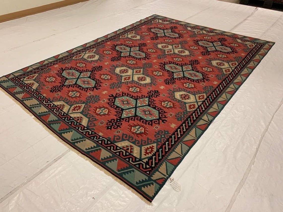 7x9 Rust and Blue Turkish Tribal Rug
