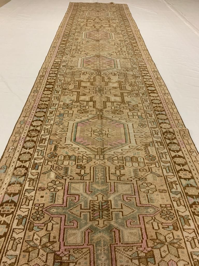 Vintage Handmade 3x13 Gold and Blue Anatolian Turkish Traditional Distressed Area Runner
