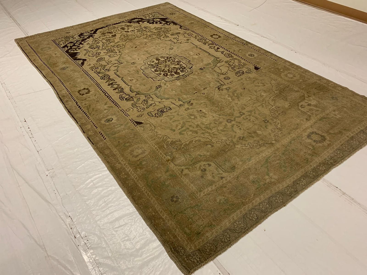 6x10 Ivory and Ivory Turkish Tribal Rug