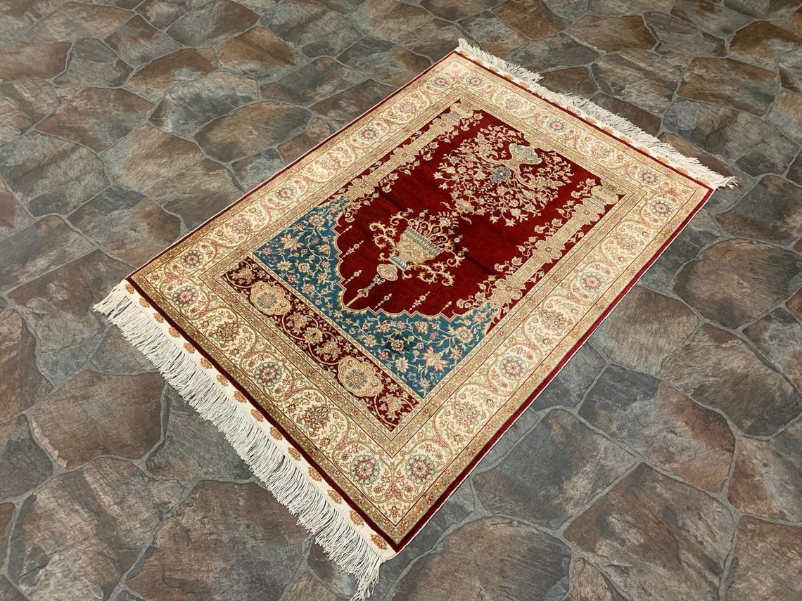 Vintage Handmade 3x4 Red and Ivory Anatolian Turkish Silk Hereke Distressed Area Rug