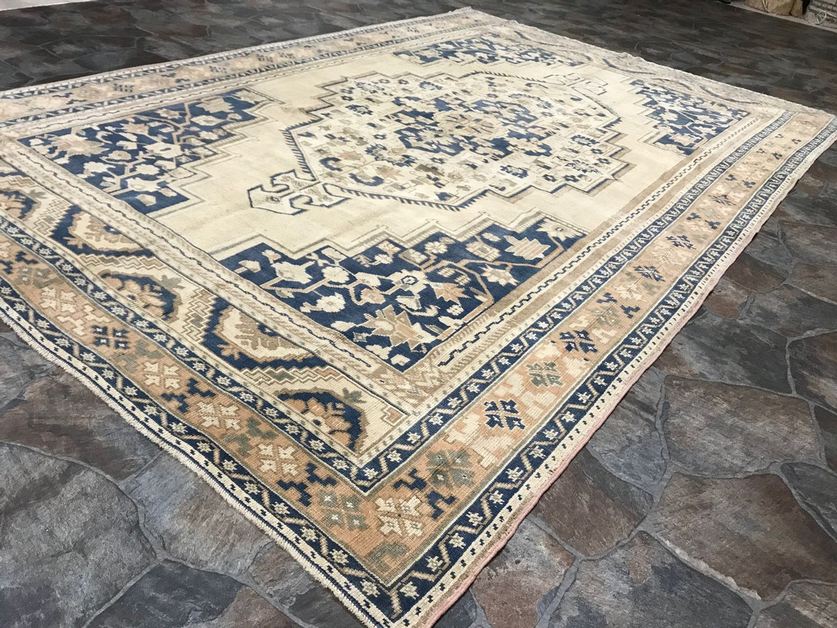 6x10 Blue and Beige Turkish Tribal Rug