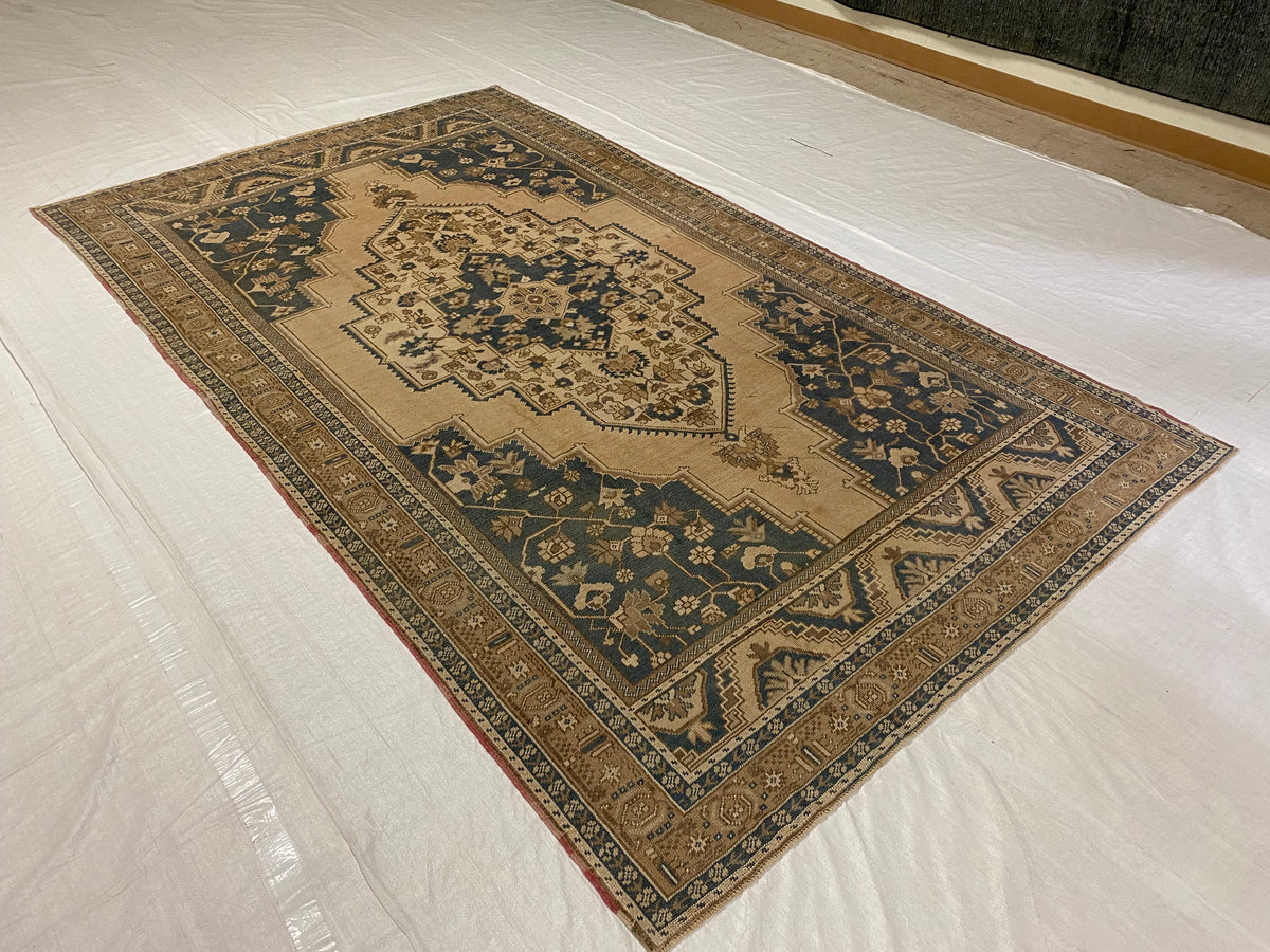 6x10 Beige and Blue Turkish Tribal Rug