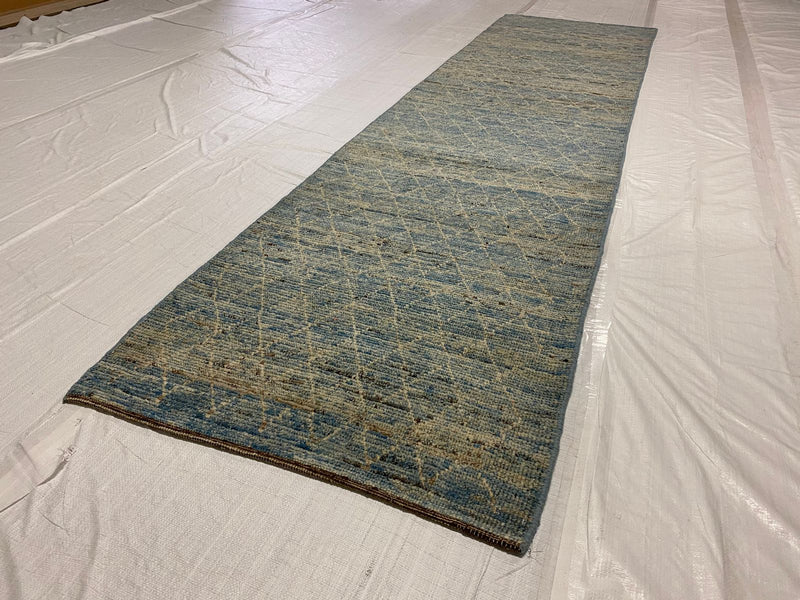 3x11 Blue and Ivory Modern Contemporary Runner