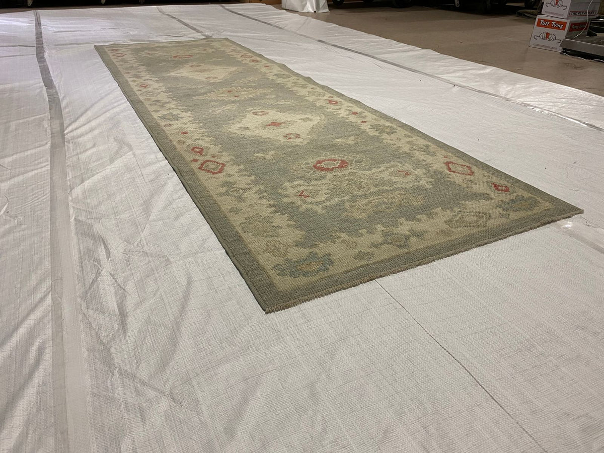 3x10 Blue and Ivory Turkish Oushak Runner