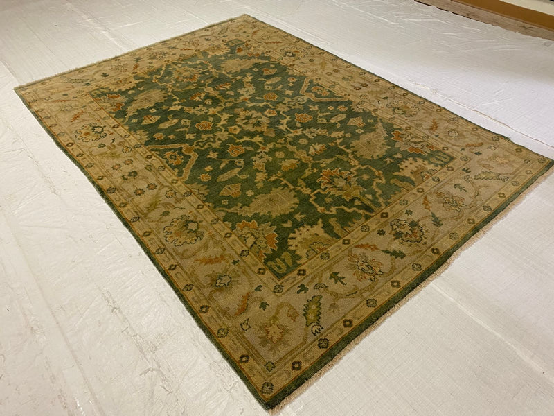 6x9 Green and Ivory Turkish Oushak Rug