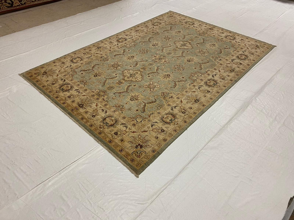 6x8 Blue and Ivory Turkish Oushak Rug
