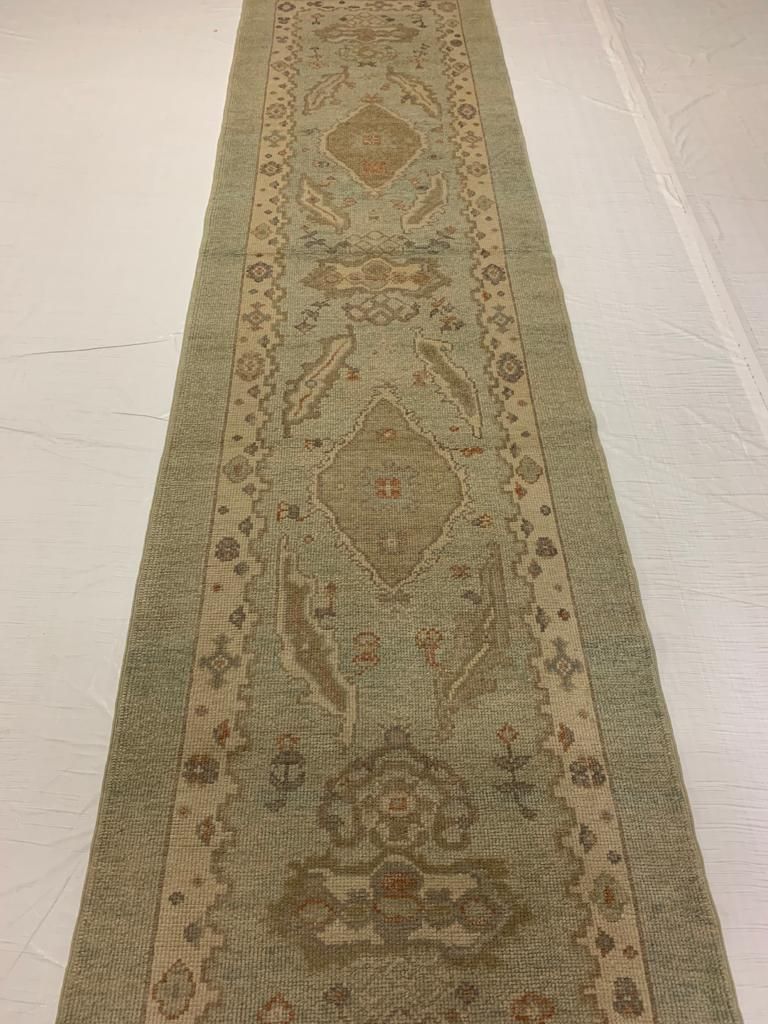 3x12 Light Blue and Beige Turkish Oushak Runner