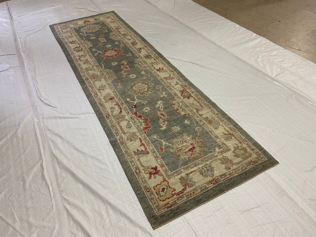 3x10 Gray and Off White Turkish Oushak Runner